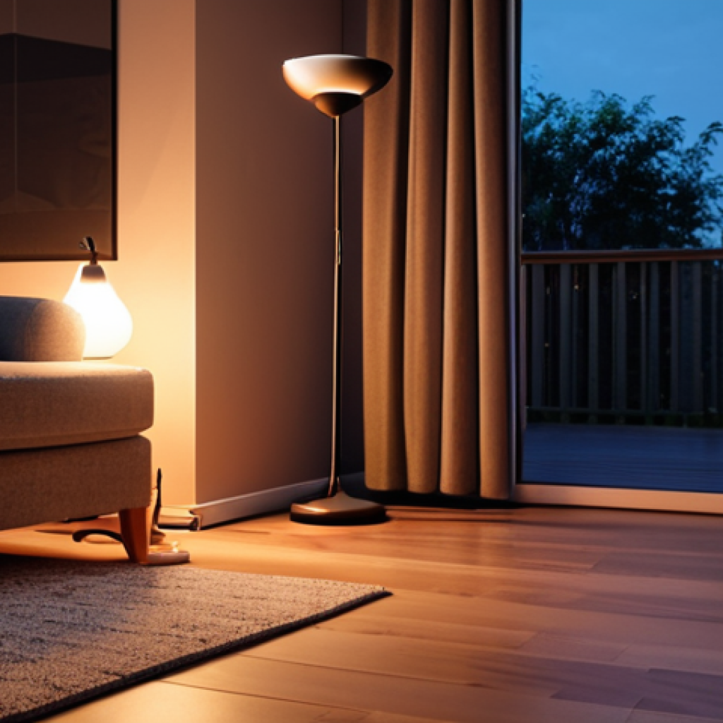 **Image:** A warmly lit living room scene at dusk. A smart plug is visibly connected to a floor lamp, which is automatically turning on. In the background, a person is arriving home, smiling. **Prompt:** Warm, inviting living room with a smart plug controlling a floor lamp turning on automatically as someone arrives home at dusk.