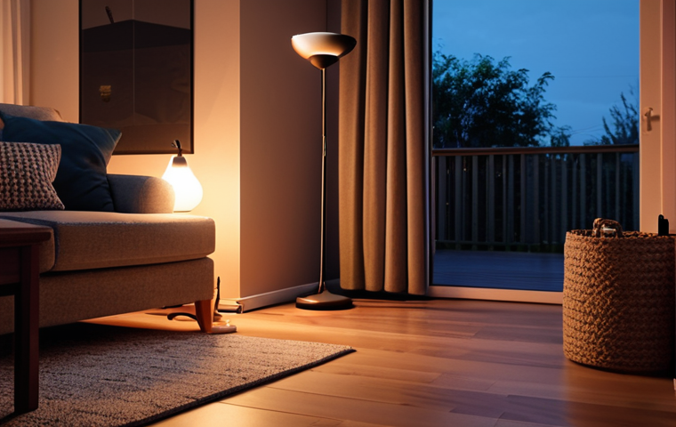 **Image:** A warmly lit living room scene at dusk. A smart plug is visibly connected to a floor lamp, which is automatically turning on. In the background, a person is arriving home, smiling. **Prompt:** Warm, inviting living room with a smart plug controlling a floor lamp turning on automatically as someone arrives home at dusk.