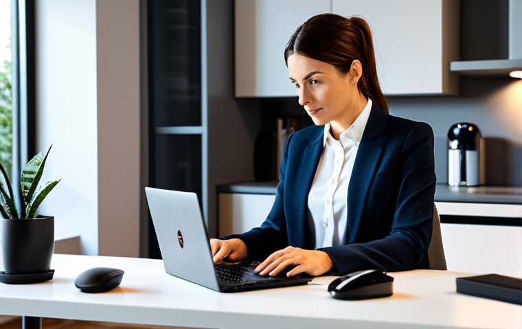 Secure Smart Home Office**
"A professional working from a smart home office, surrounded by subtle smart home devices (smart lighting, thermostat). She is fully clothed in modest business casual attire, working on a laptop. The background shows a clean, modern interior. Safe for work, appropriate content, professional, perfect anatomy, correct proportions, well-formed hands, proper finger count, natural body proportions, high quality."
**