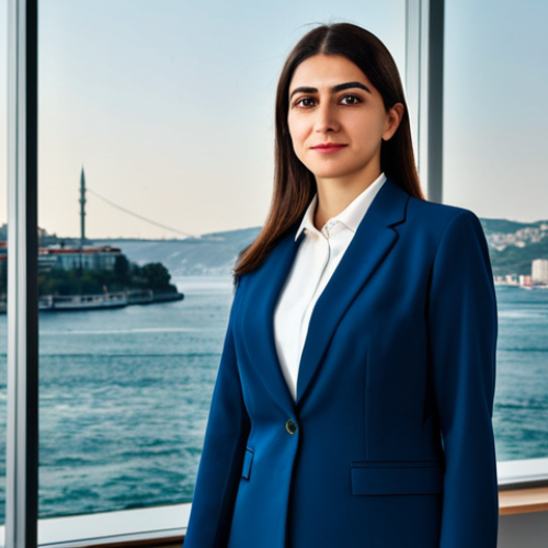 Home 10 A professional Turkish businesswoman in a modest, tailored business suit, standing in a modern Istanbul office with the Bosphorus in the background, fully clothed, appropriate attire, safe for work, perfect anatomy, natural proportions, professional photography, high quality.