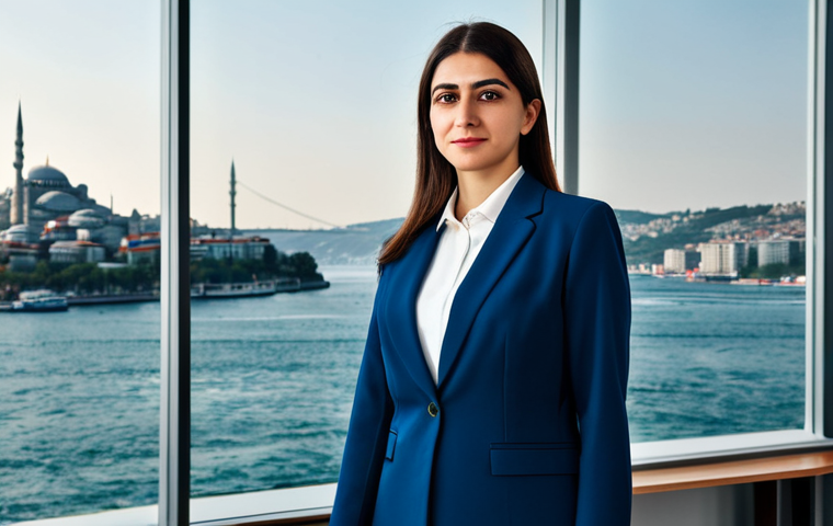A professional Turkish businesswoman in a modest, tailored business suit, standing in a modern Istanbul office with the Bosphorus in the background, fully clothed, appropriate attire, safe for work, perfect anatomy, natural proportions, professional photography, high quality.